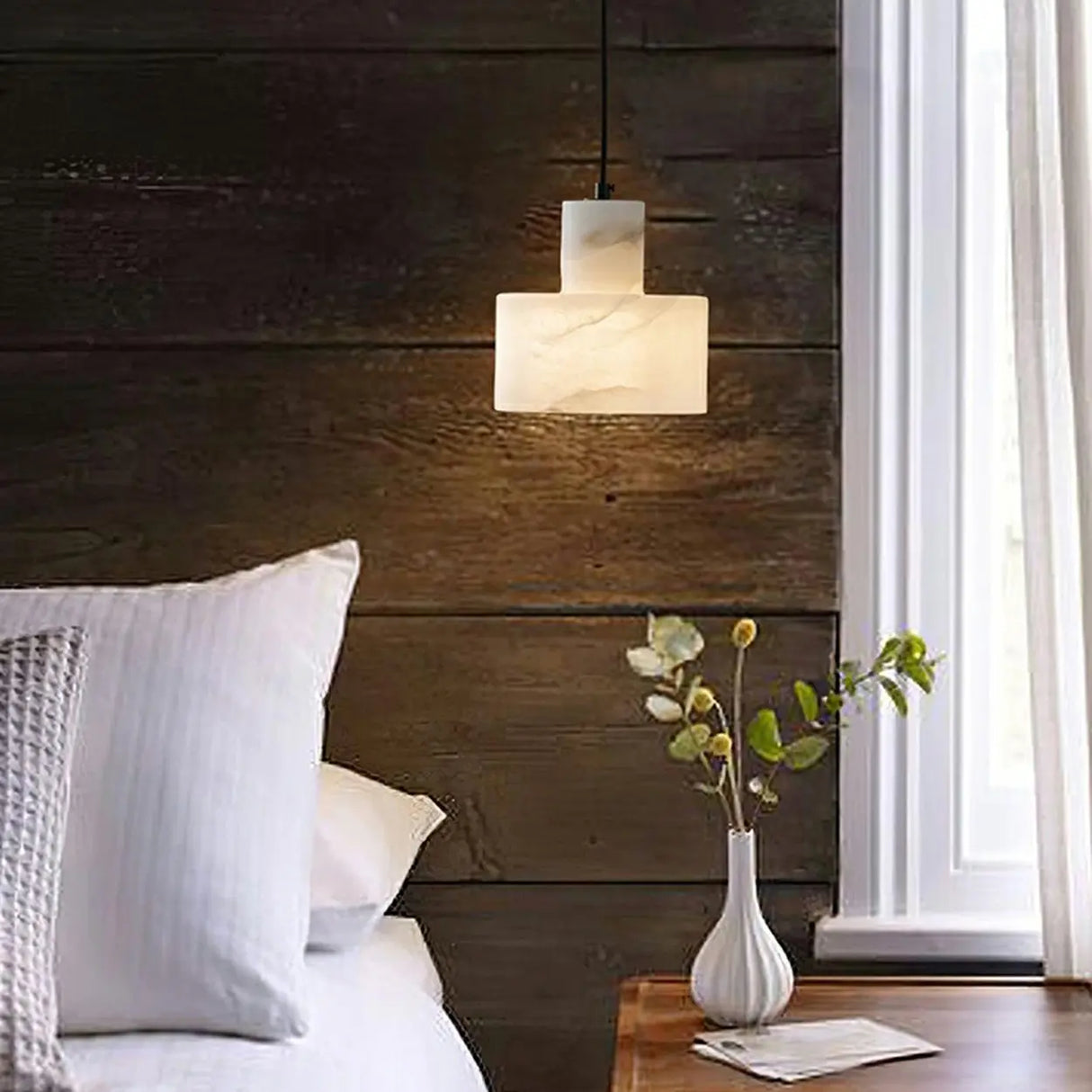 Modern White Texture Alabaster LED Cylinder Pendant Light Image - 1