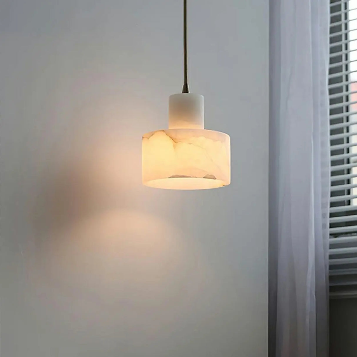 Modern White Texture Alabaster LED Cylinder Pendant Light Image - 2