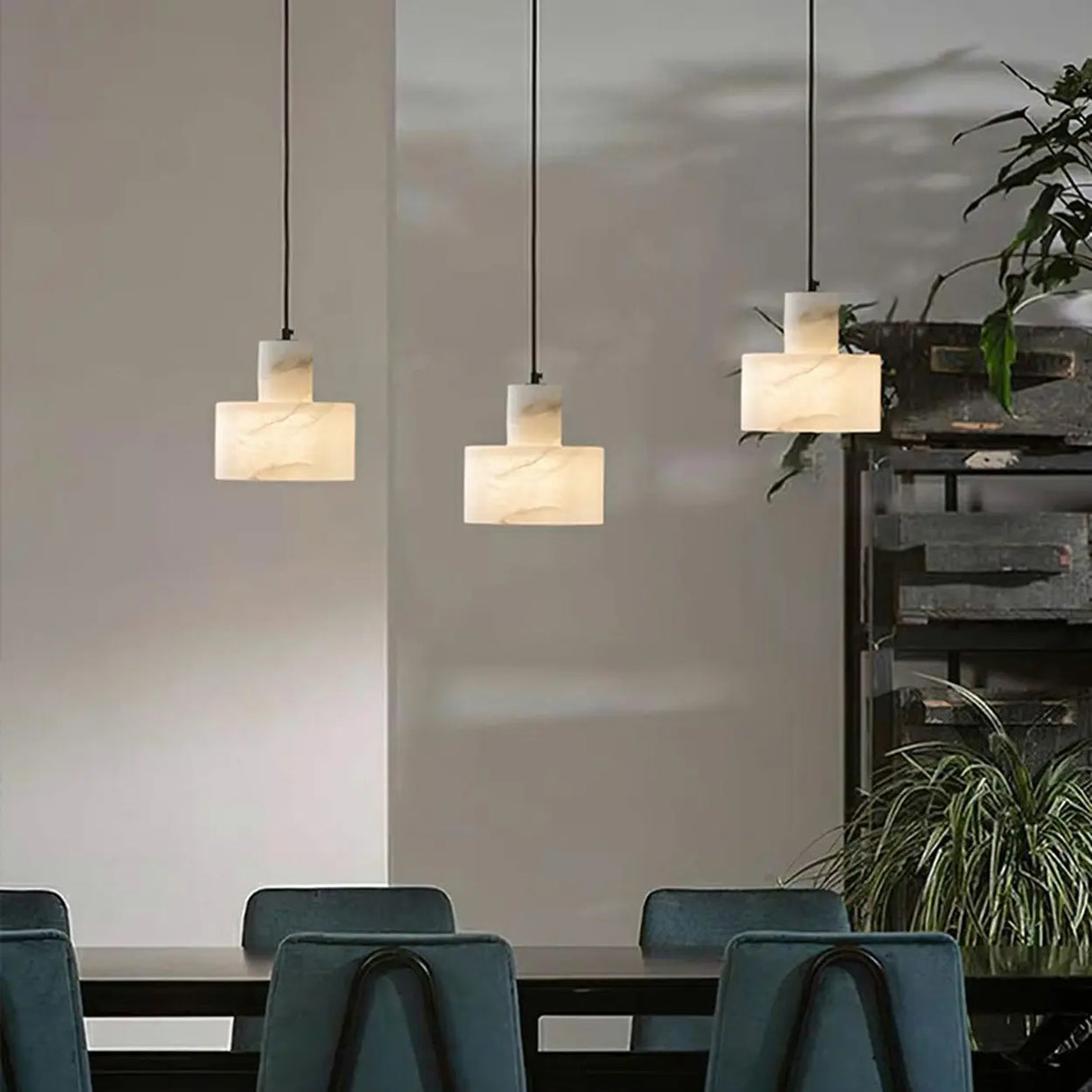 Modern White Texture Alabaster LED Cylinder Pendant Light Image - 4