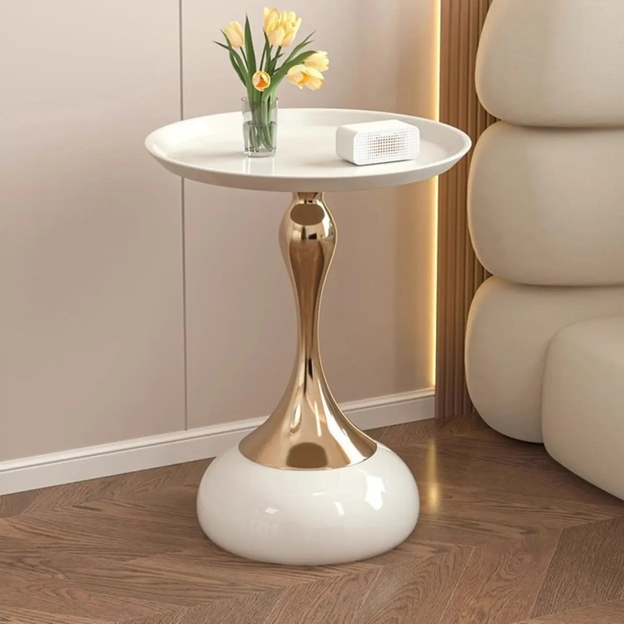 Modern White Tray Metal Round Pedestal Side Table Image - 1