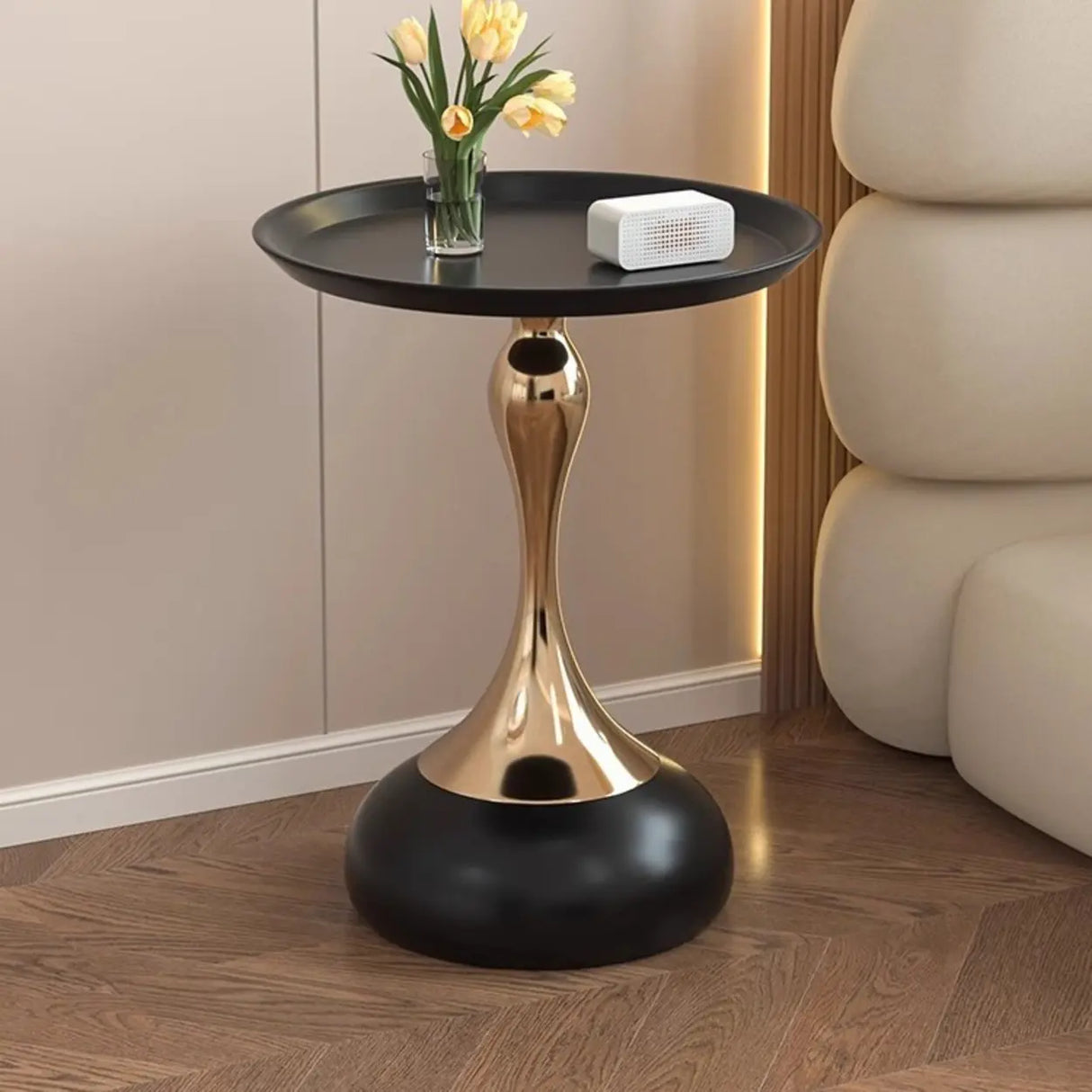 Modern White Tray Metal Round Pedestal Side Table Image - 2