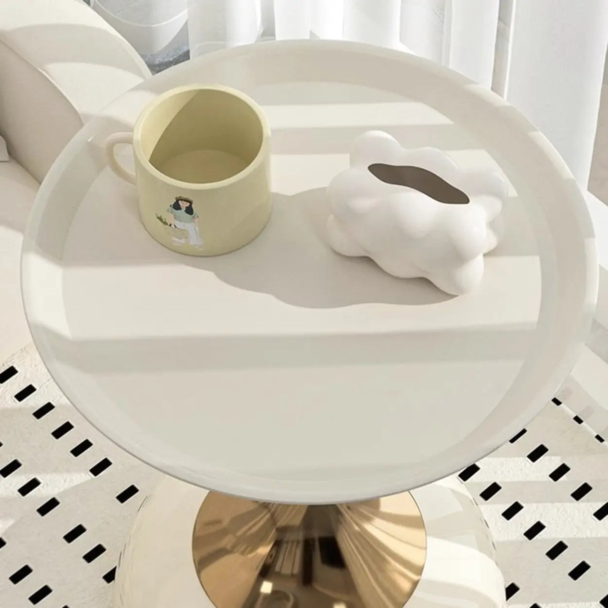 Modern White Tray Metal Round Pedestal Side Table Image - 3