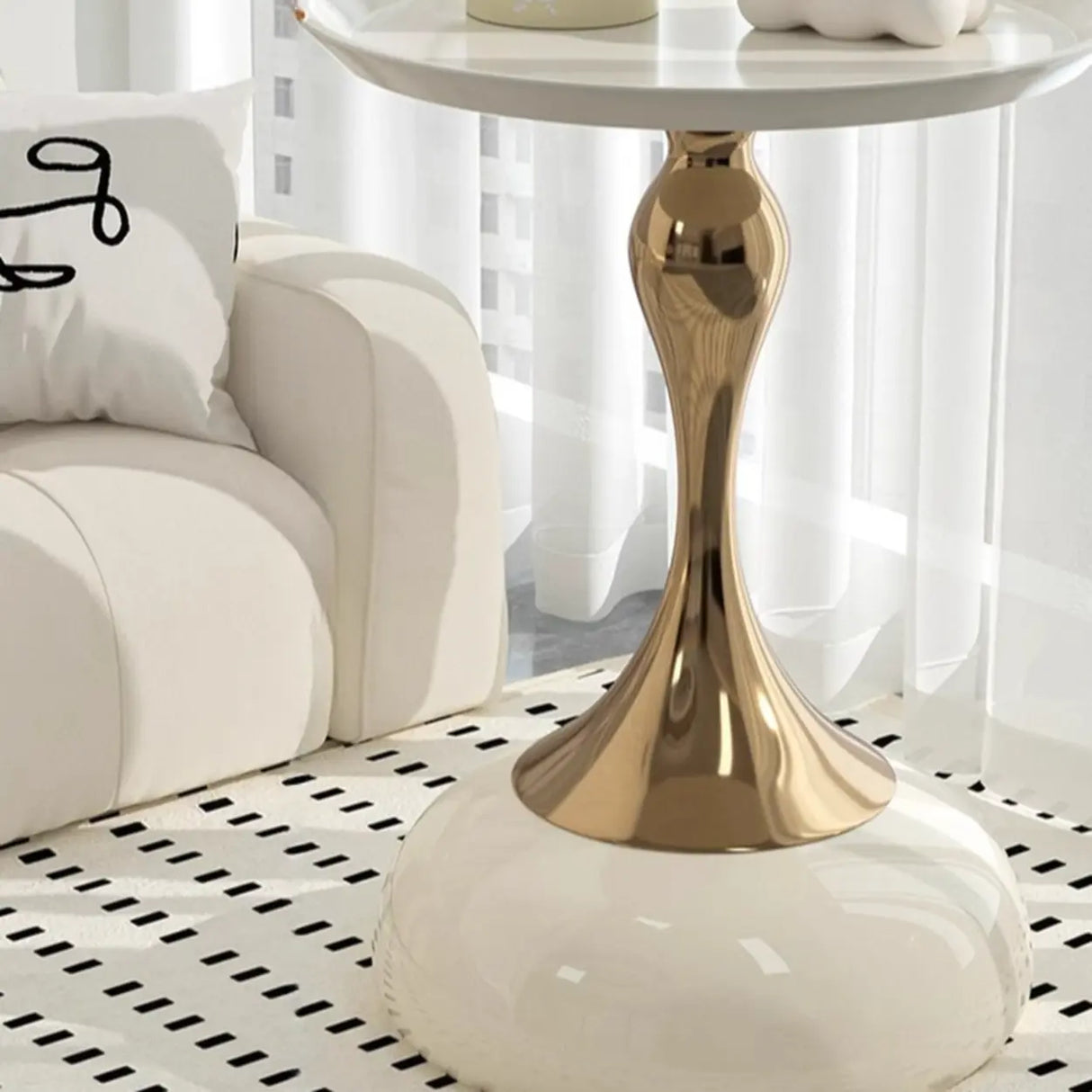 Modern White Tray Metal Round Pedestal Side Table Image - 4