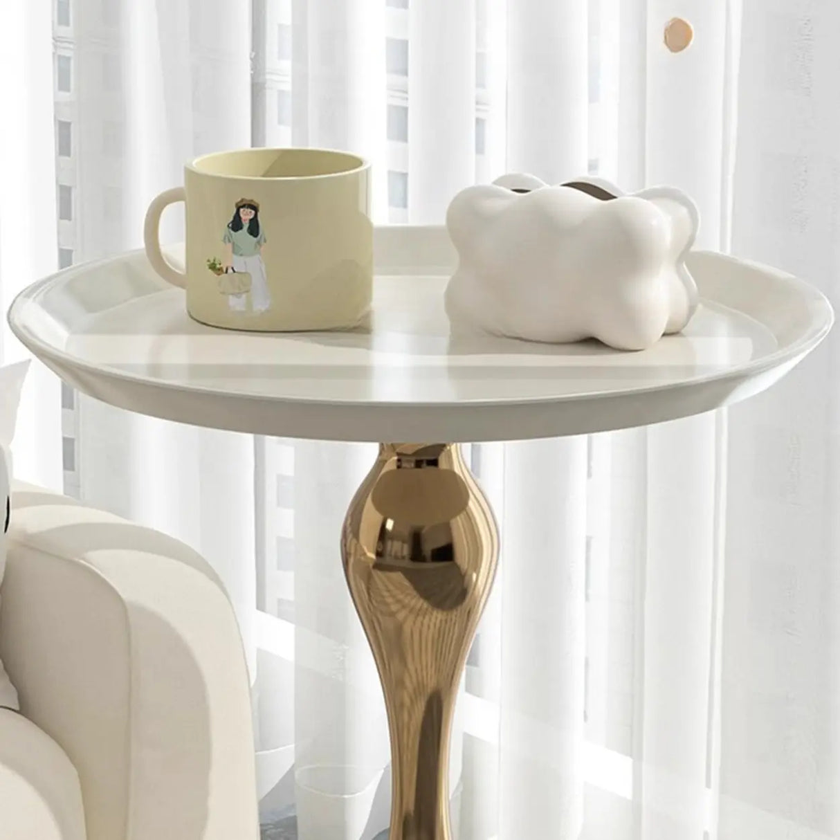 Modern White Tray Metal Round Pedestal Side Table Image - 9