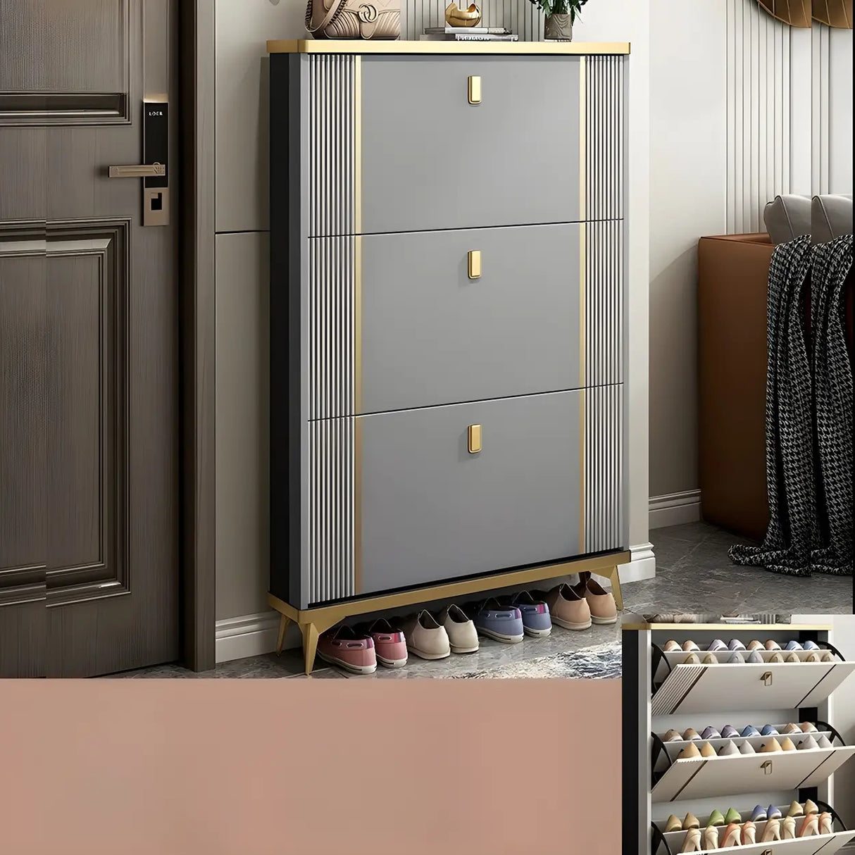 Modern Wood Adjustable Drop Front 3-Drawer Shoe Storage Image - 12