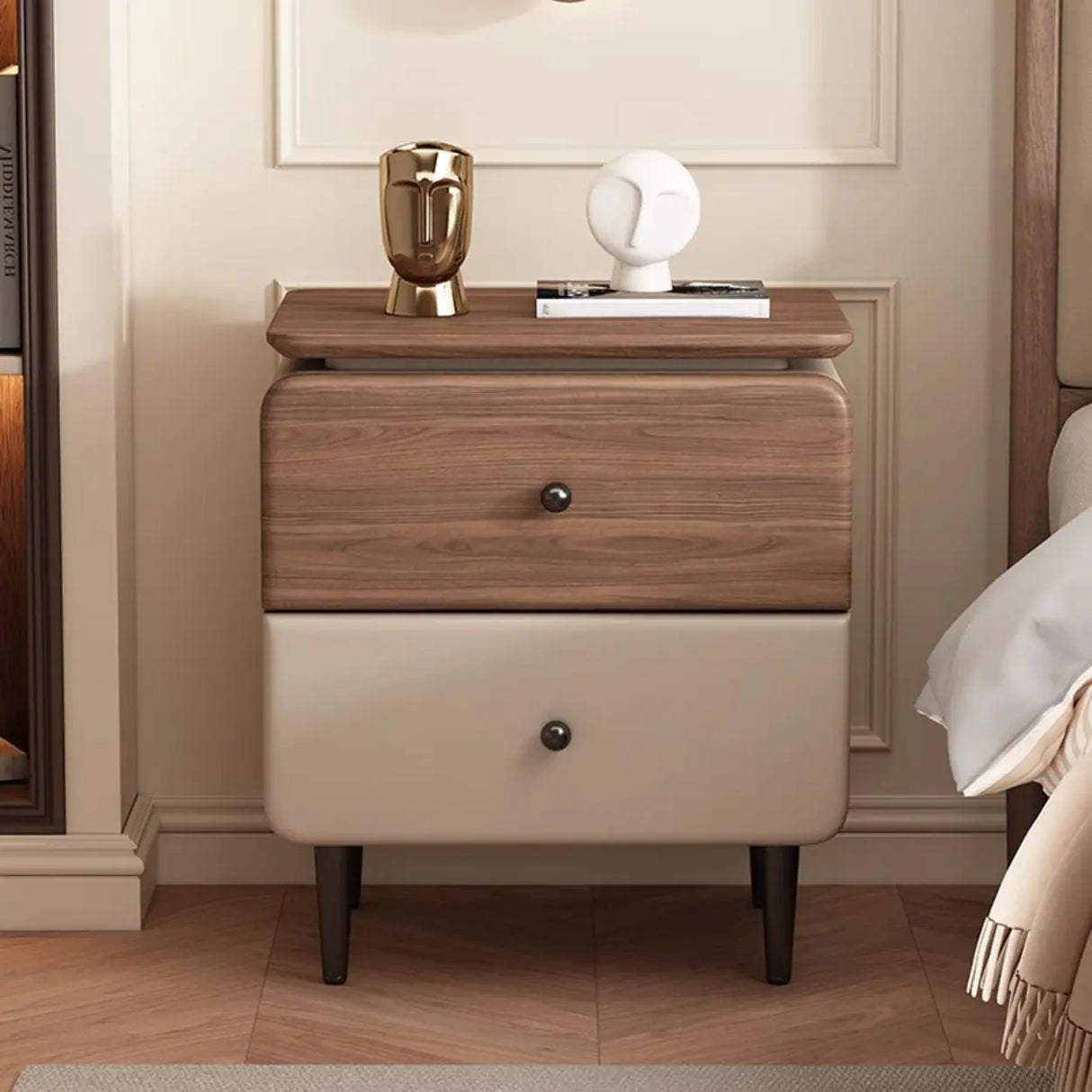 Modern Wood and Leather Nightstand with Two Drawers Image - 1