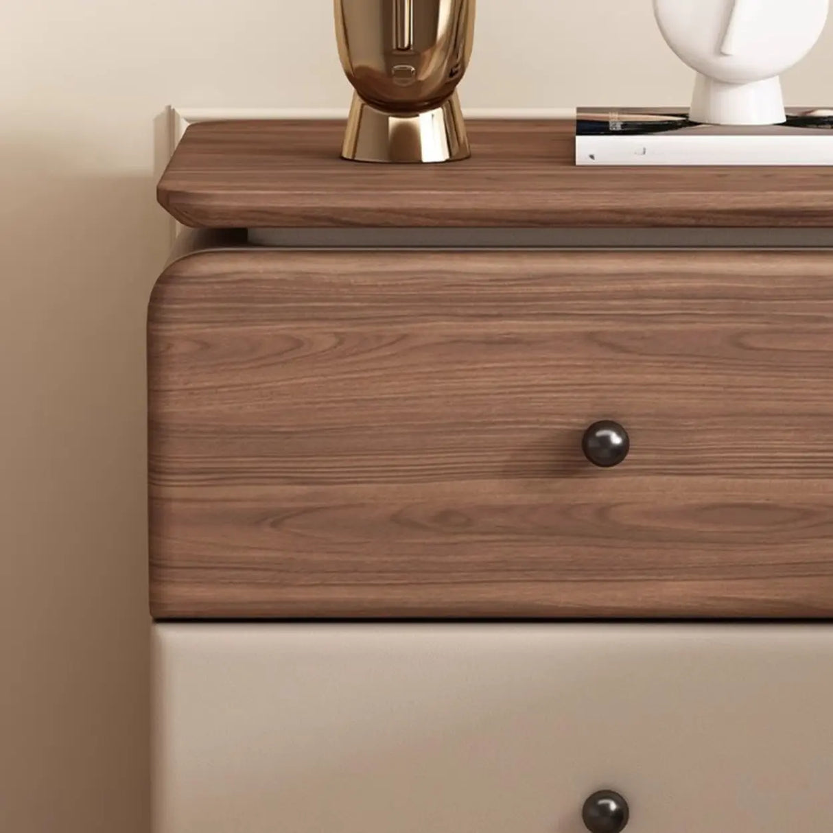 Modern Wood and Leather Nightstand with Two Drawers Image - 10