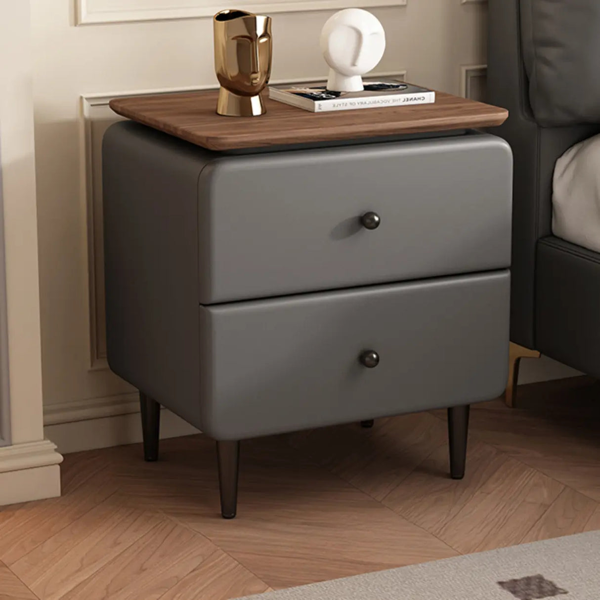 Modern Wood and Leather Nightstand with Two Drawers Image - 11
