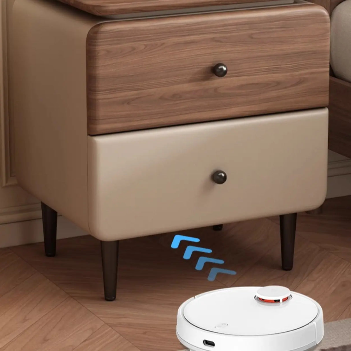 Modern Wood and Leather Nightstand with Two Drawers Image - 14