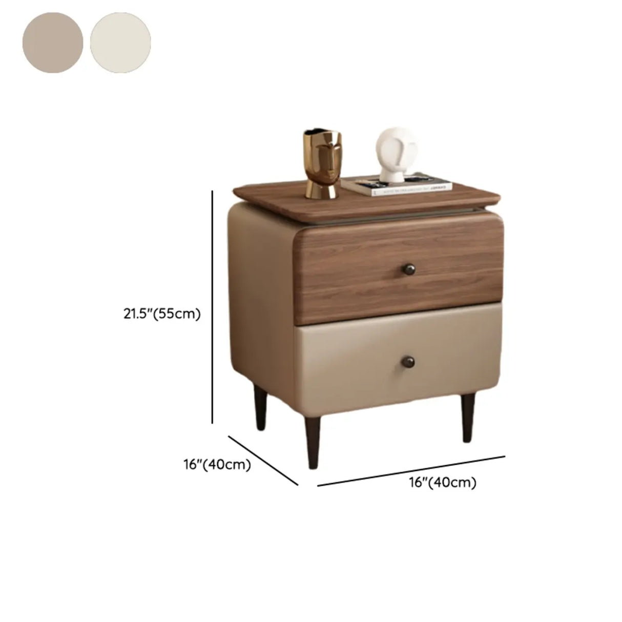 Modern Wood and Leather Nightstand with Two Drawers
