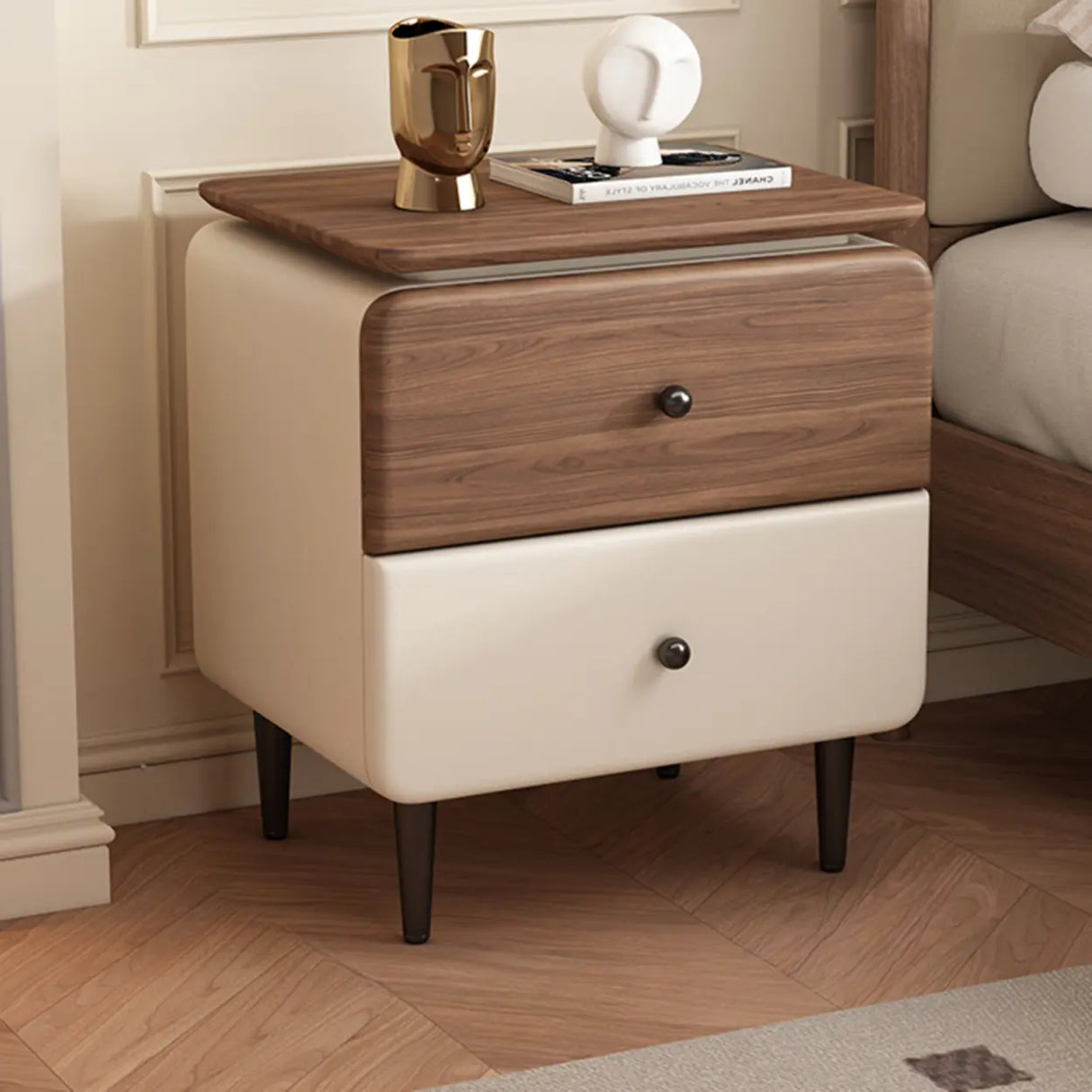 Modern Wood and Leather Nightstand with Two Drawers Image - 2