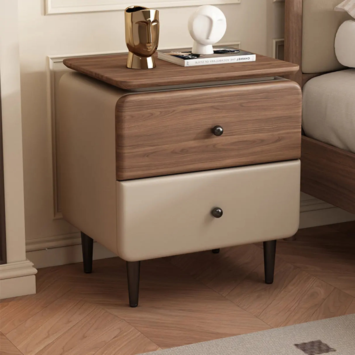 Modern Wood and Leather Nightstand with Two Drawers Image - 3