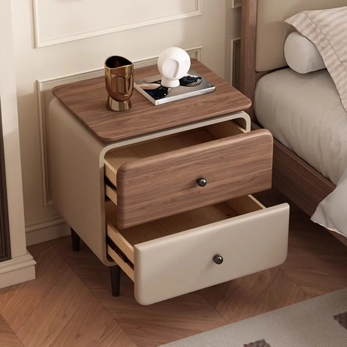 Modern Wood and Leather Nightstand with Two Drawers Image - 4