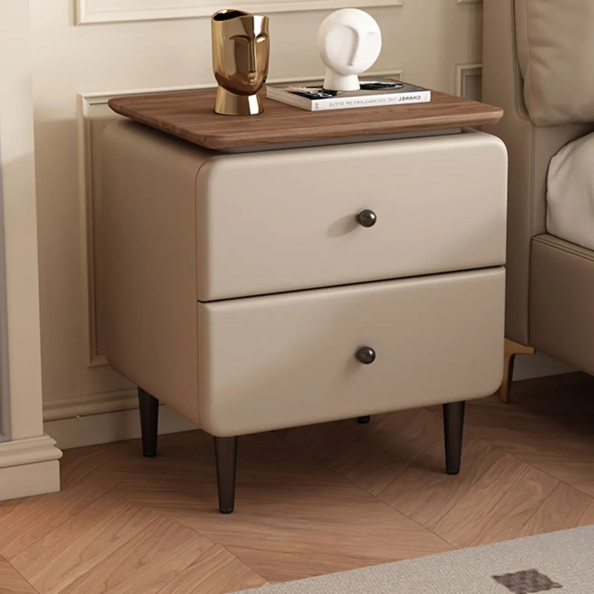 Modern Wood and Leather Nightstand with Two Drawers Image - 5