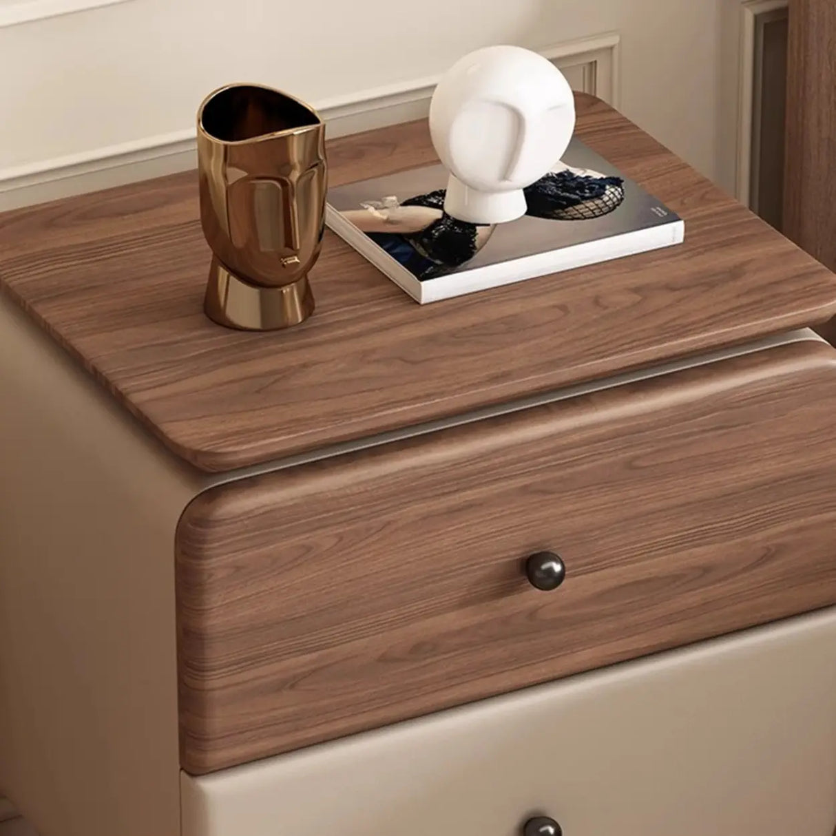 Modern Wood and Leather Nightstand with Two Drawers Image - 6