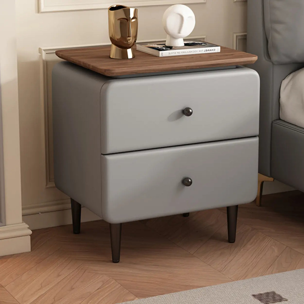 Modern Wood and Leather Nightstand with Two Drawers Image - 7