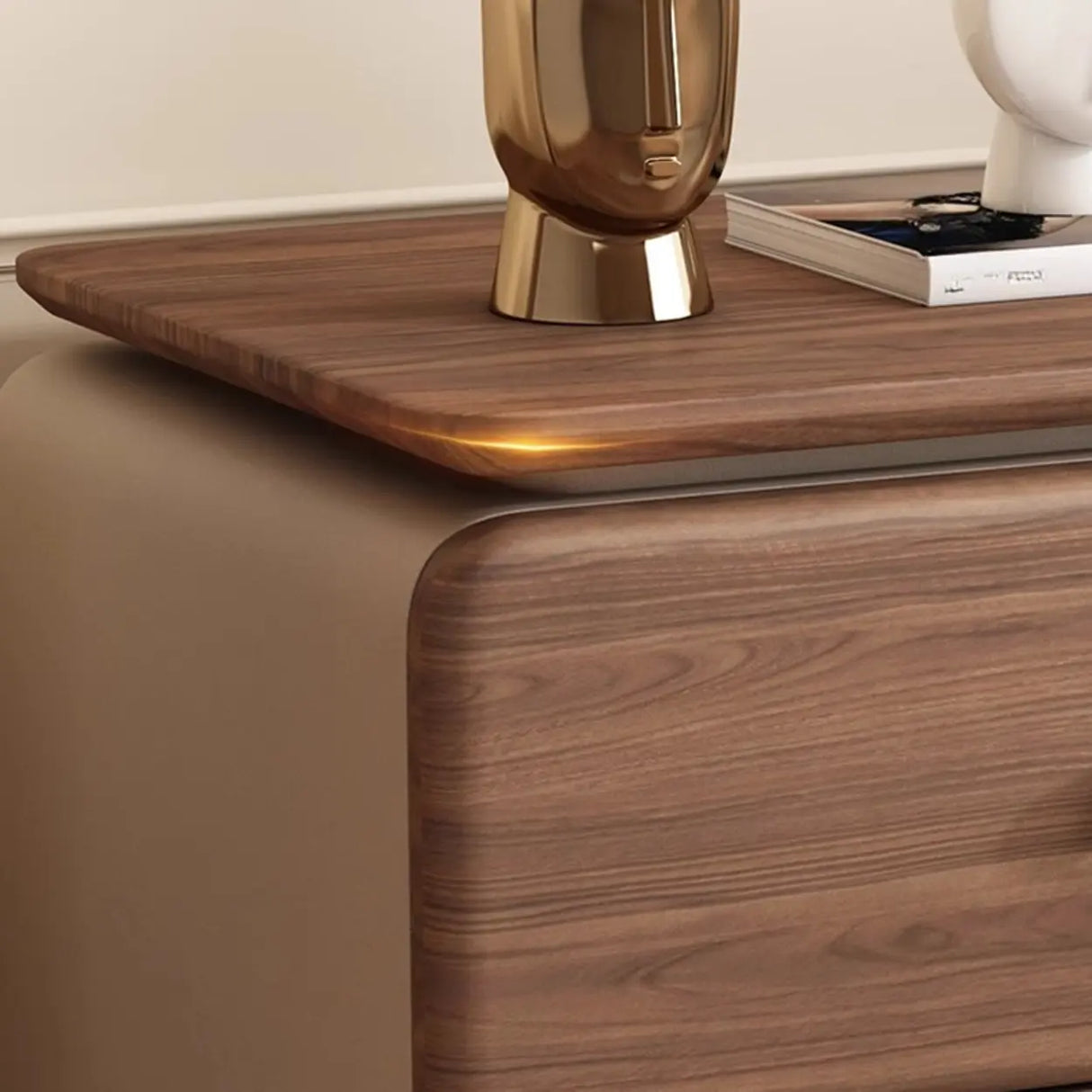 Modern Wood and Leather Nightstand with Two Drawers Image - 8