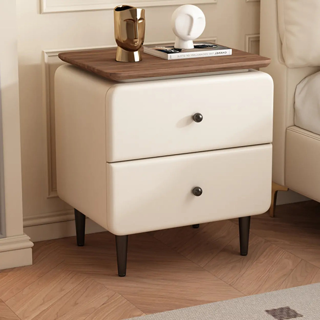 Modern Wood and Leather Nightstand with Two Drawers Image - 9