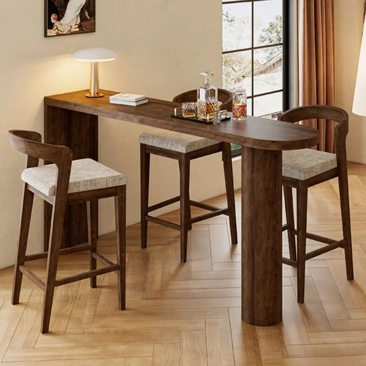 Modern Wood Bar Table Set with 2 Upholstered Stools, Brown Image - 1