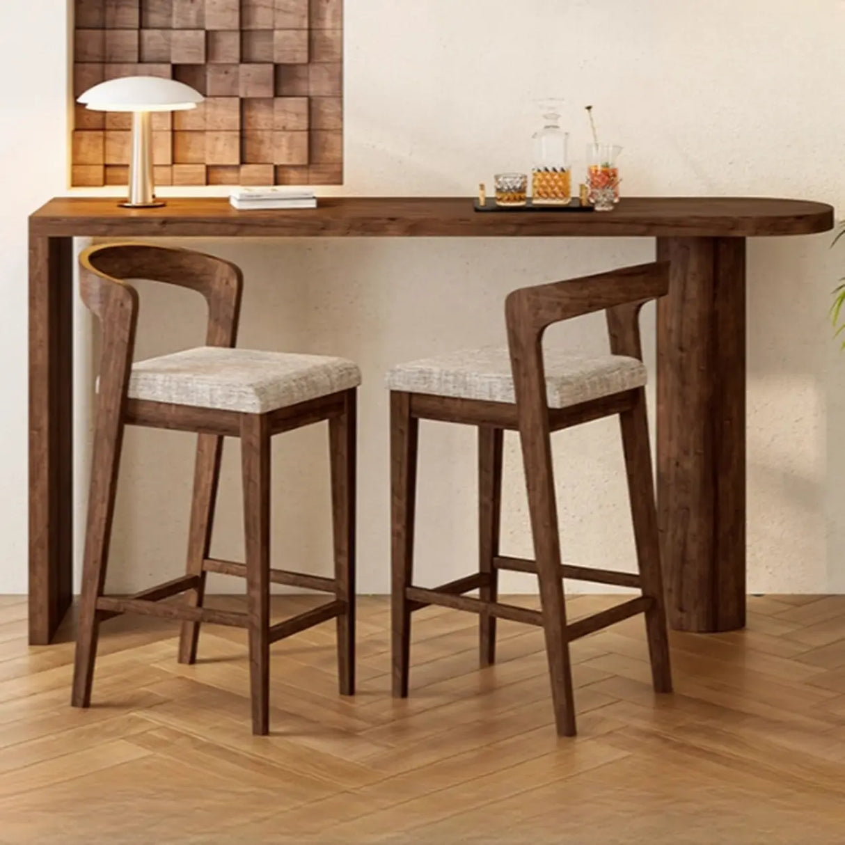 Modern Wood Bar Table Set with 2 Upholstered Stools, Brown Image - 3