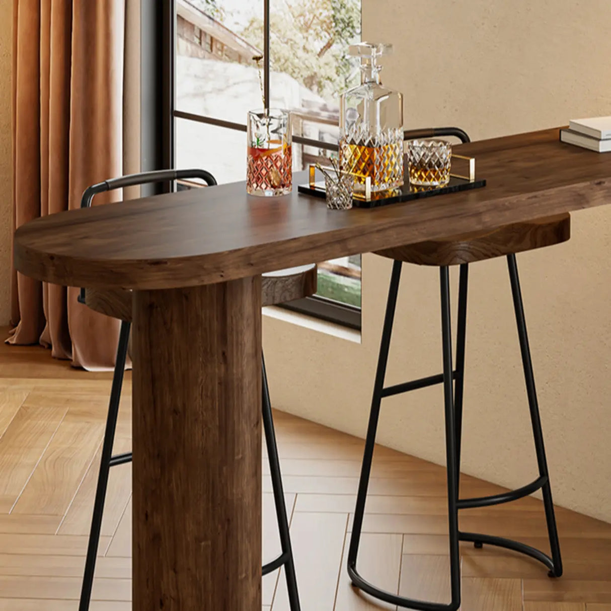 Modern Wood Bar Table Set with 2 Upholstered Stools, Brown Image - 4