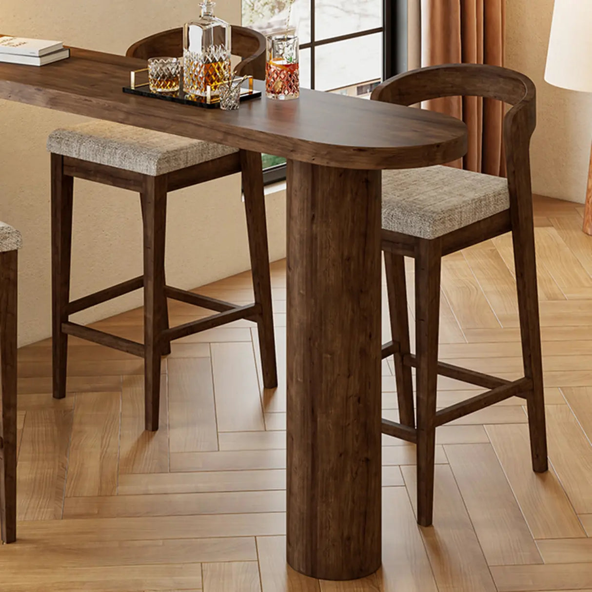 Modern Wood Bar Table Set with 2 Upholstered Stools, Brown Image - 5