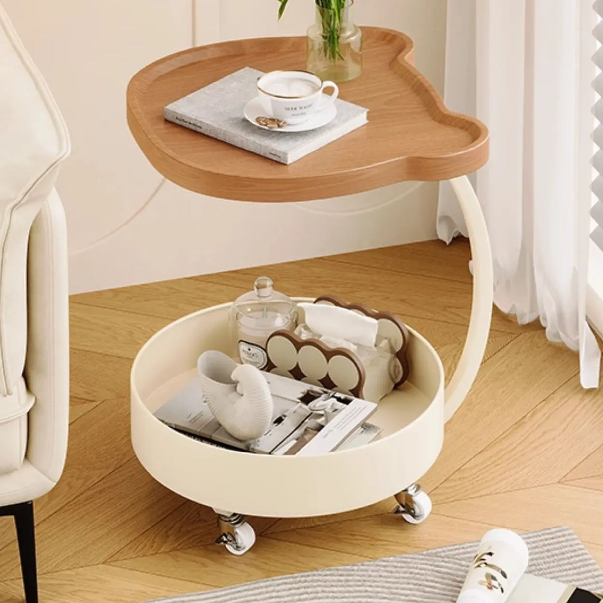 Modern Wood Bear Shape Tray Top Rolling Side Table with Storage Image - 1