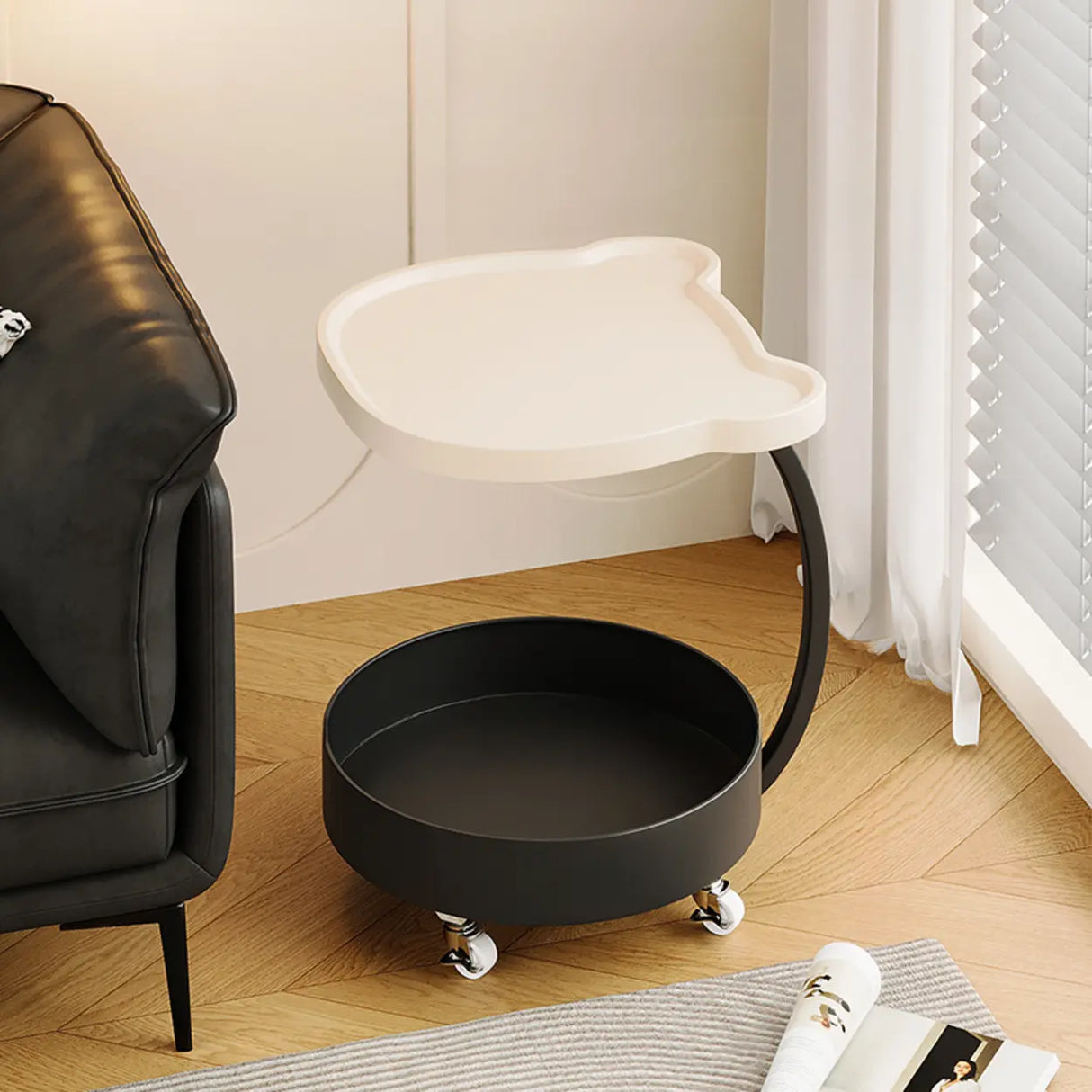 Modern Wood Bear Shape Tray Top Rolling Side Table with Storage Image - 2