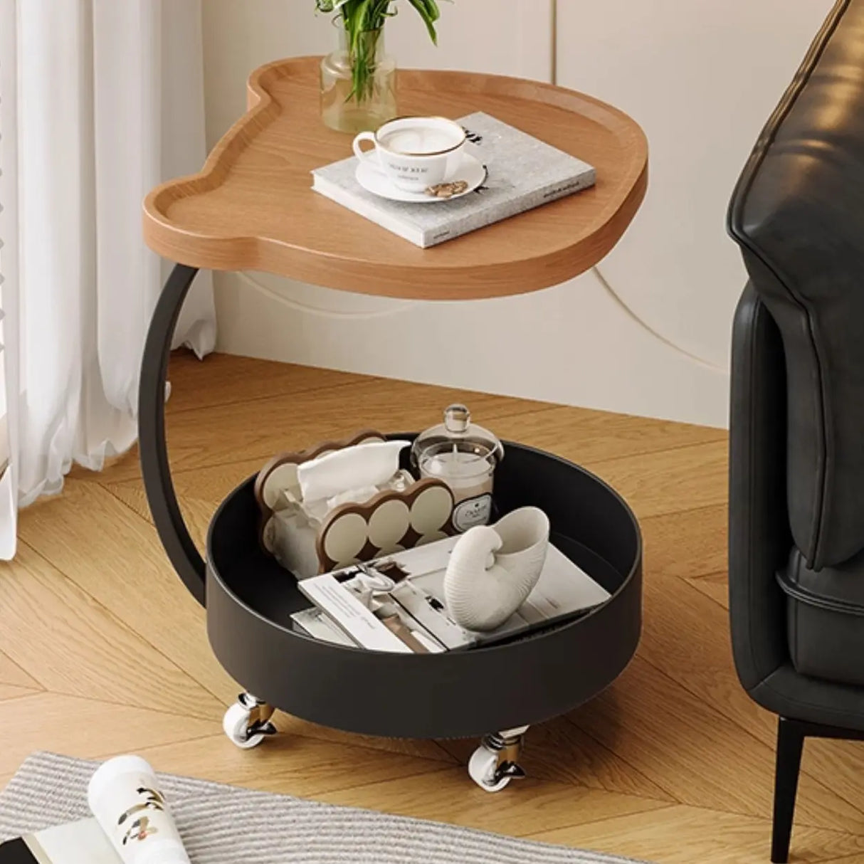 Modern Wood Bear Shape Tray Top Rolling Side Table with Storage Image - 4
