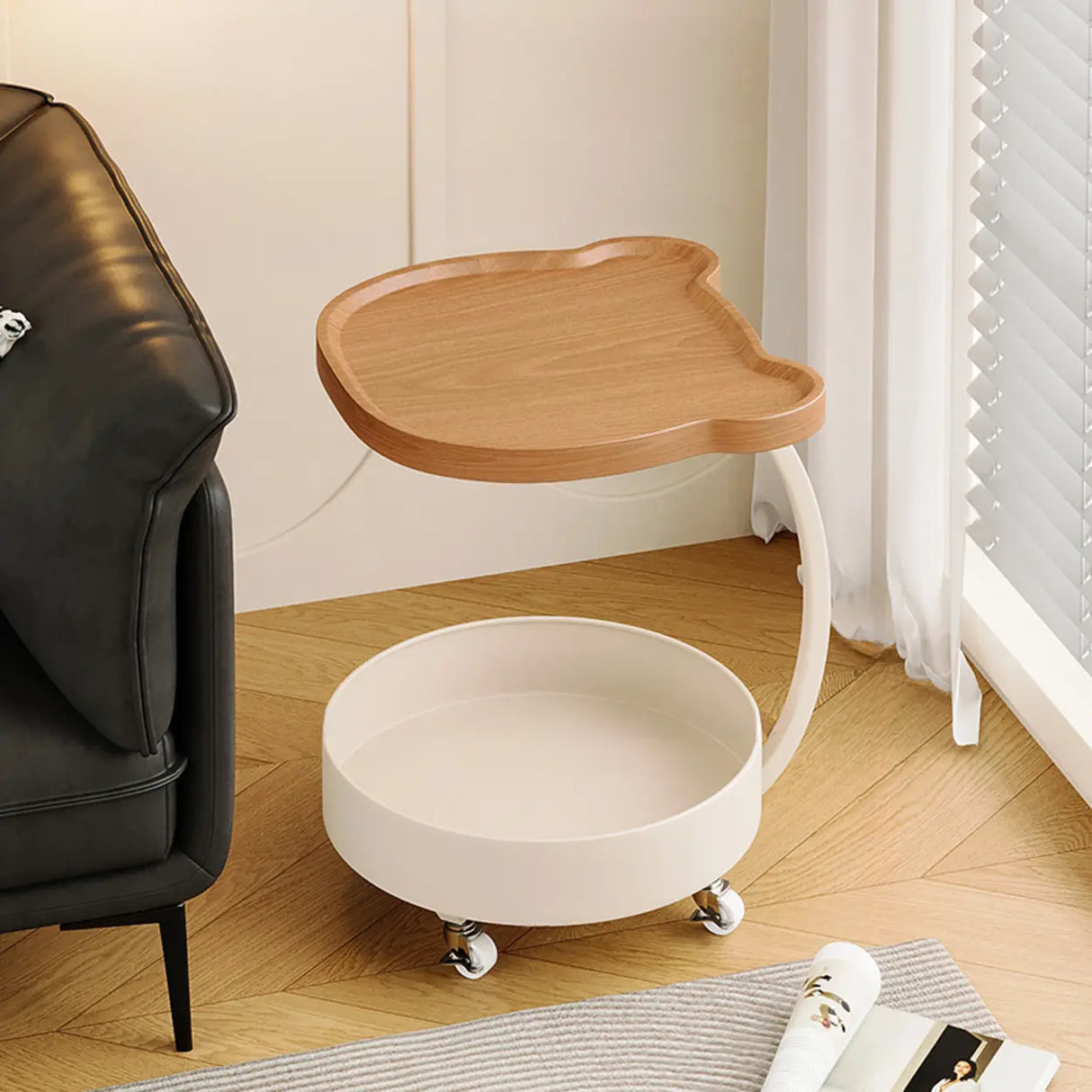 Modern Wood Bear Shape Tray Top Rolling Side Table with Storage Image - 5