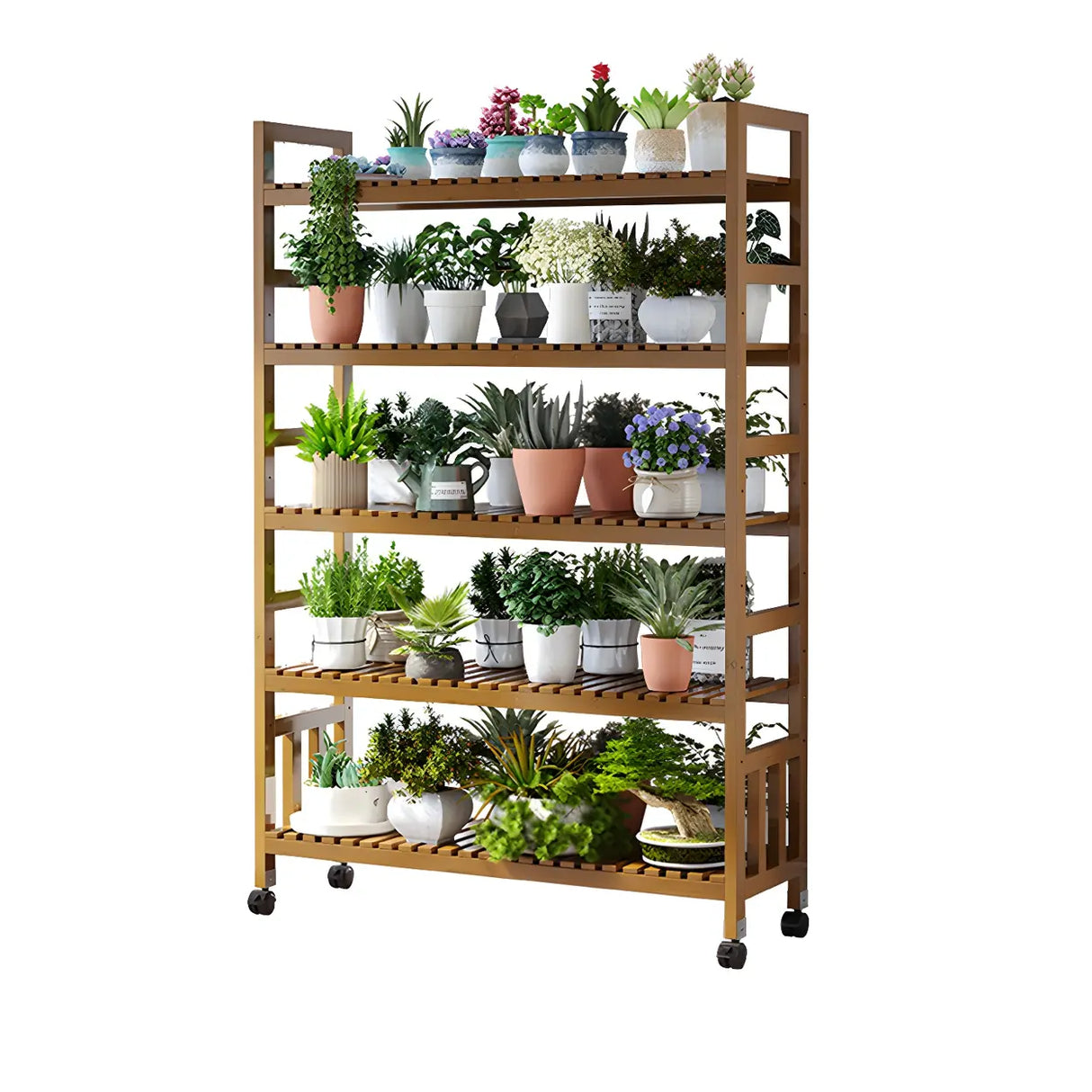 Modern Wood Brown Multi-Tier Plant Stand with Casters Image - 10