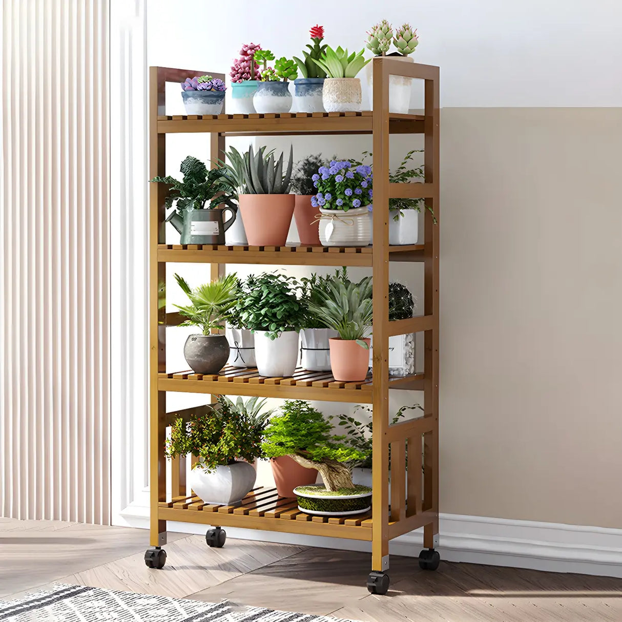 Modern Wood Brown Multi-Tier Plant Stand with Casters Image - 12