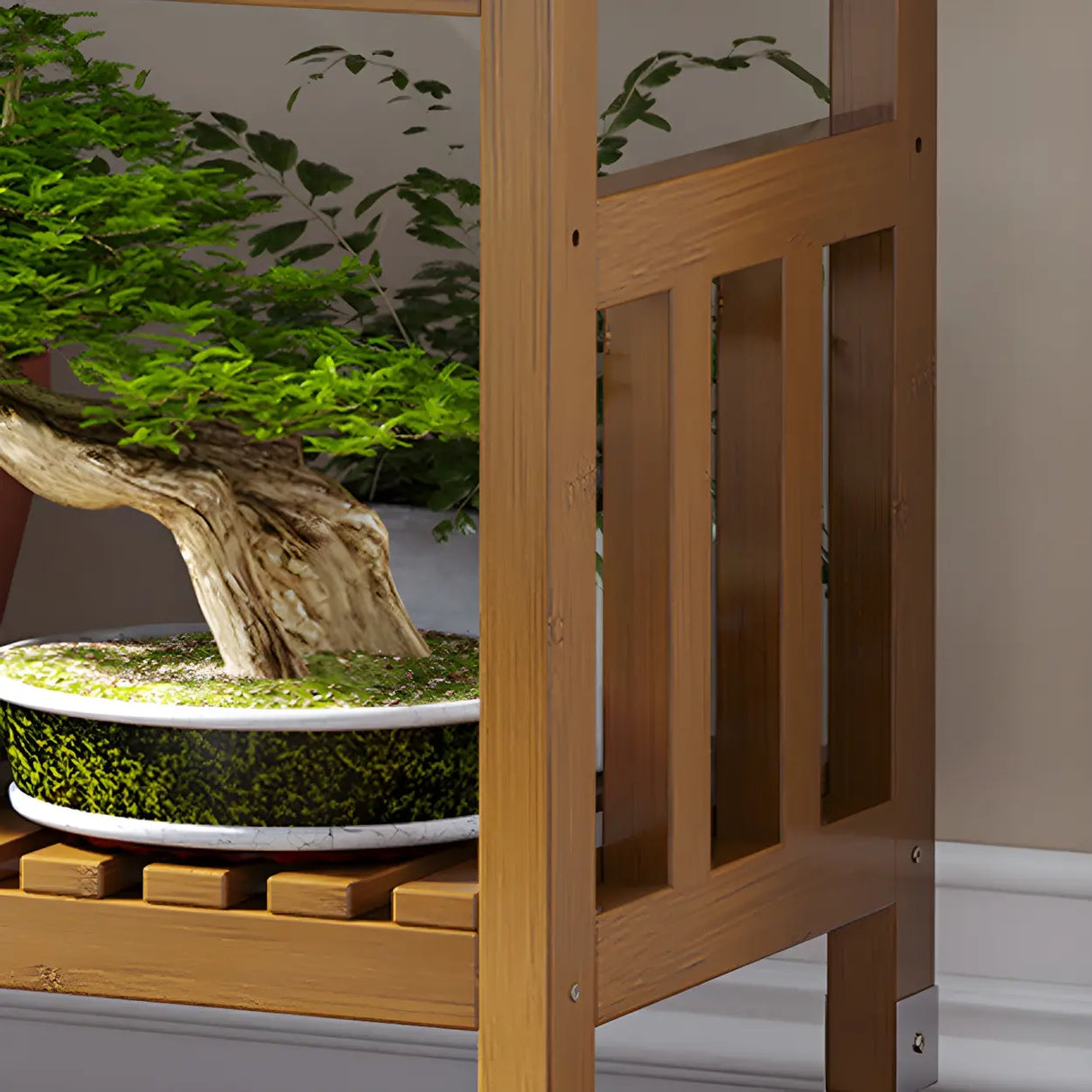 Modern Wood Brown Multi-Tier Plant Stand with Casters Image - 13