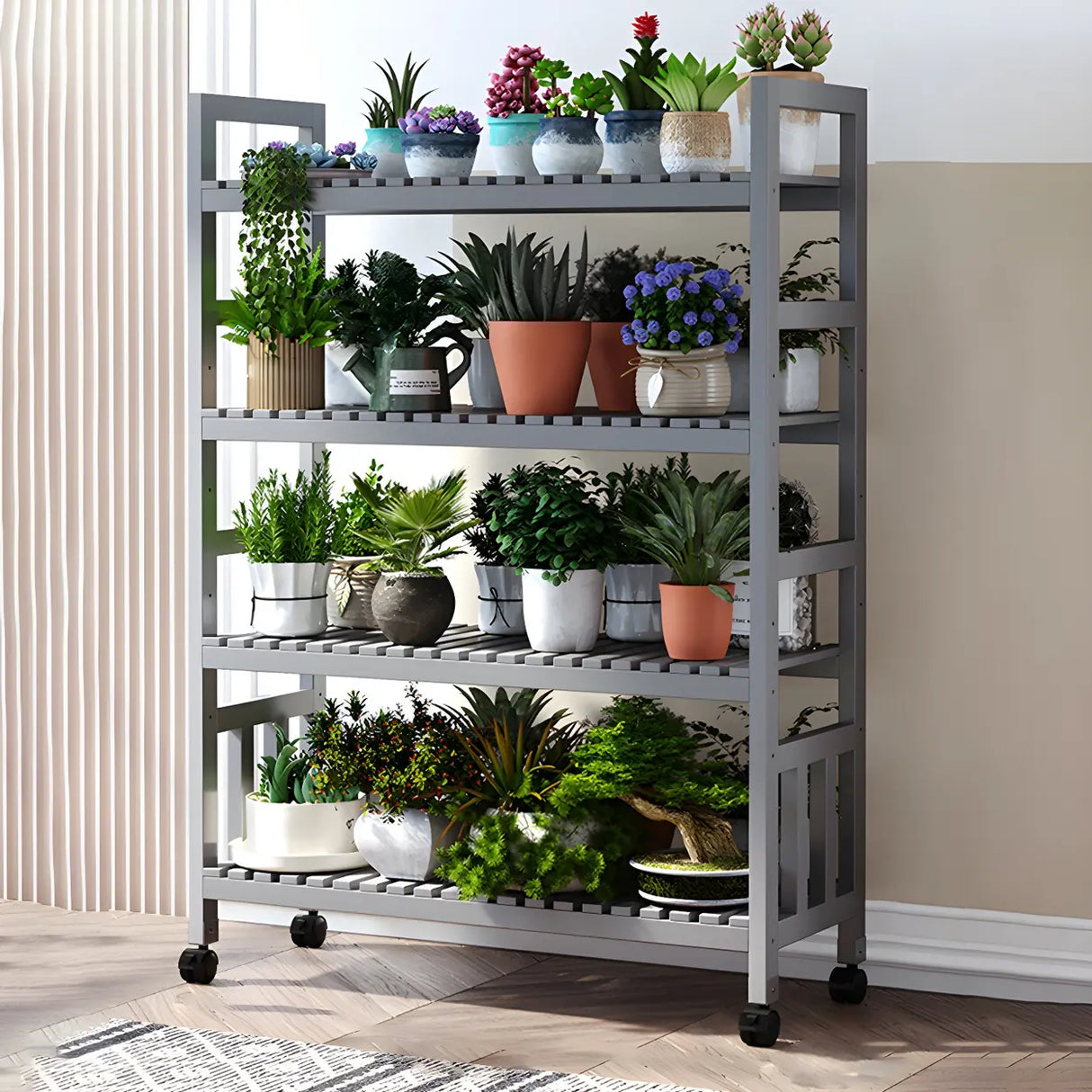 Modern Wood Brown Multi-Tier Plant Stand with Casters Image - 14