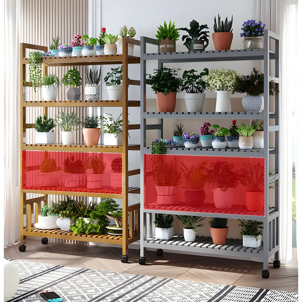 Modern Wood Brown Multi-Tier Plant Stand with Casters Image - 15