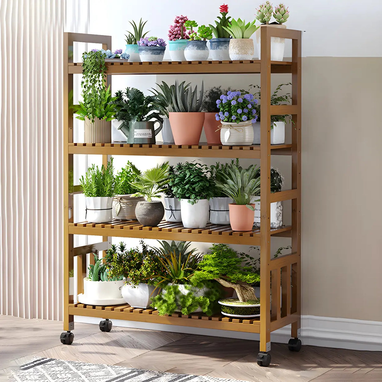 Modern Wood Brown Multi-Tier Plant Stand with Casters Image - 16