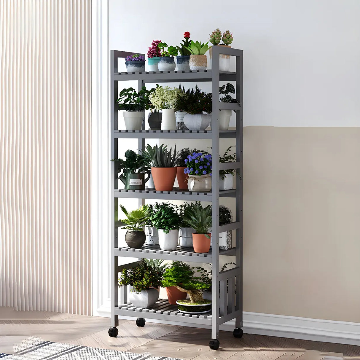 Modern Wood Brown Multi-Tier Plant Stand with Casters Image - 18