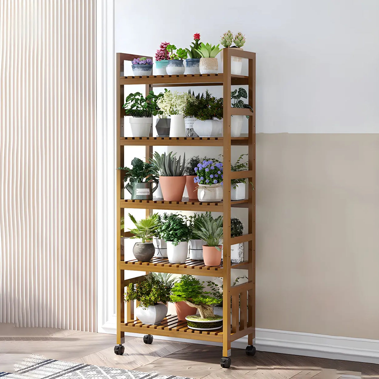 Modern Wood Brown Multi-Tier Plant Stand with Casters Image - 19