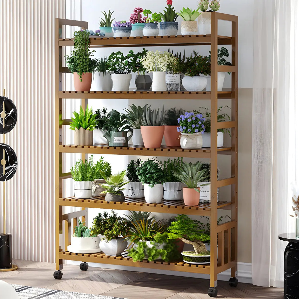Modern Wood Brown Multi-Tier Plant Stand with Casters Image - 1