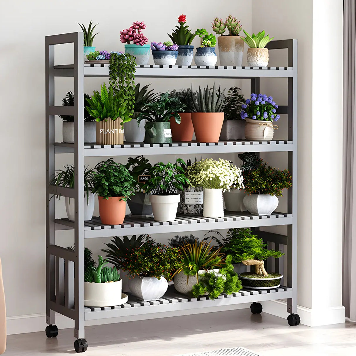 Modern Wood Brown Multi-Tier Plant Stand with Casters Image - 20