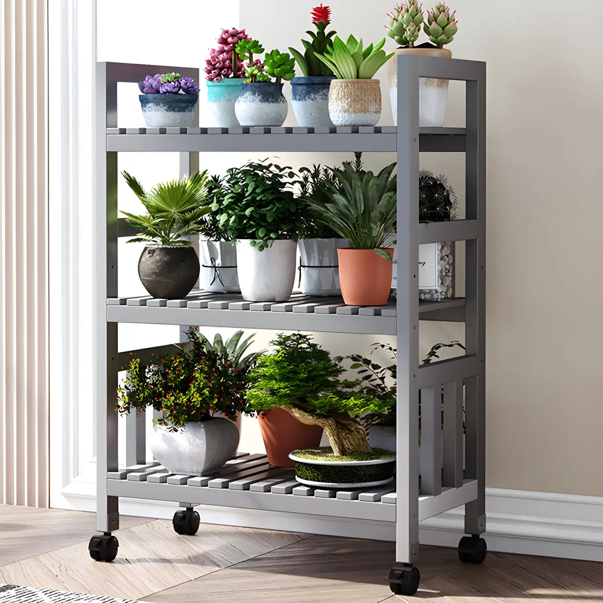 Modern Wood Brown Multi-Tier Plant Stand with Casters Image - 21