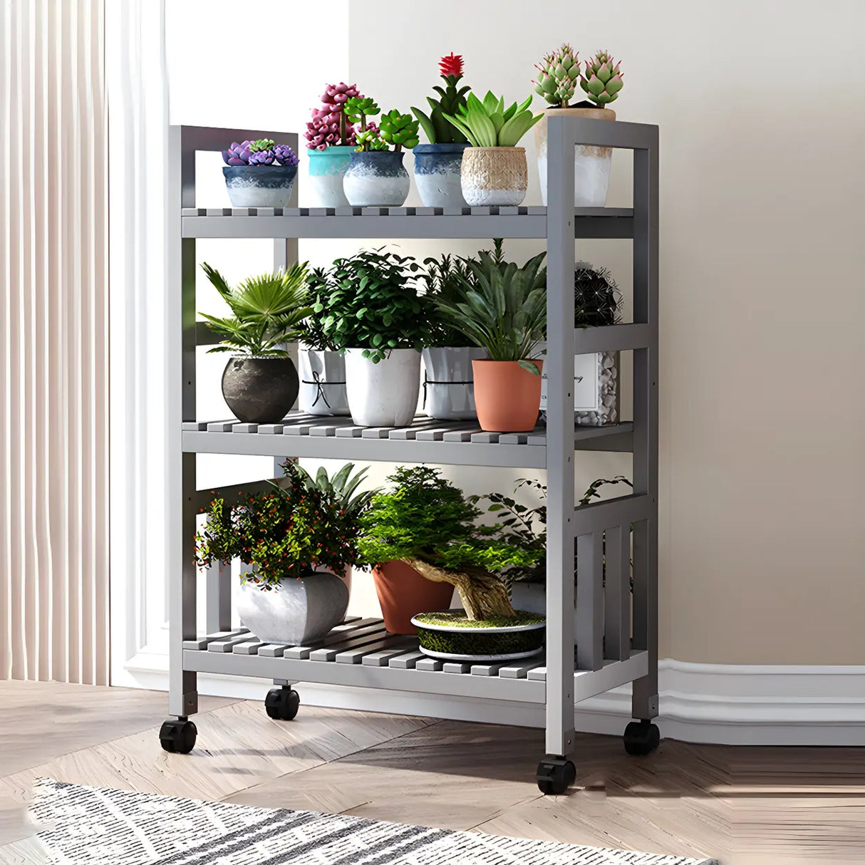 Modern Wood Brown Multi-Tier Plant Stand with Casters Image - 22