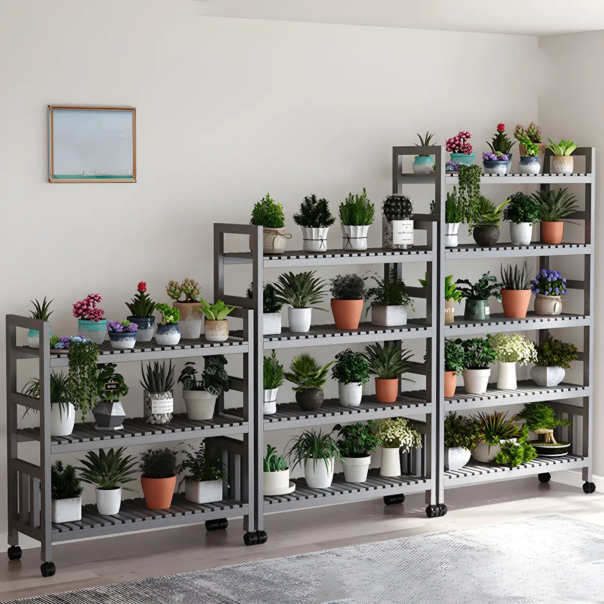 Modern Wood Brown Multi-Tier Plant Stand with Casters Image - 23