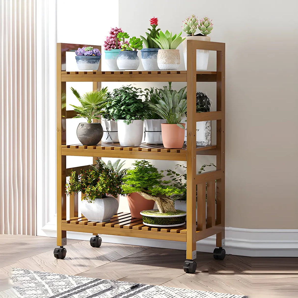 Modern Wood Brown Multi-Tier Plant Stand with Casters Image - 24