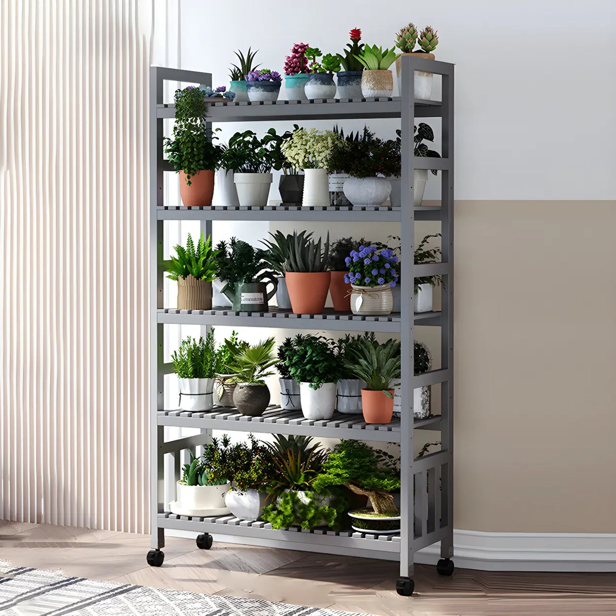 Modern Wood Brown Multi-Tier Plant Stand with Casters Image - 25