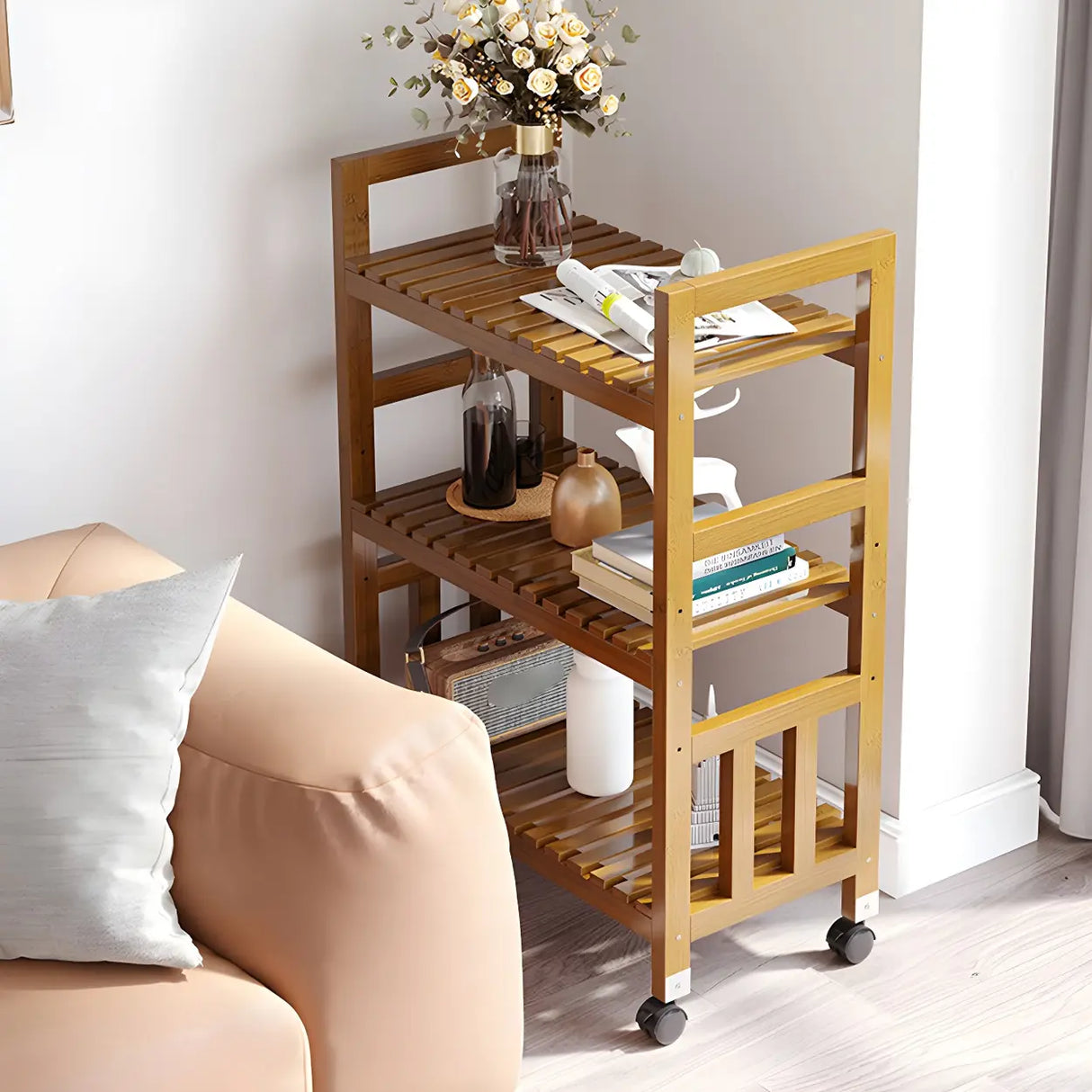 Modern Wood Brown Multi-Tier Plant Stand with Casters Image - 26