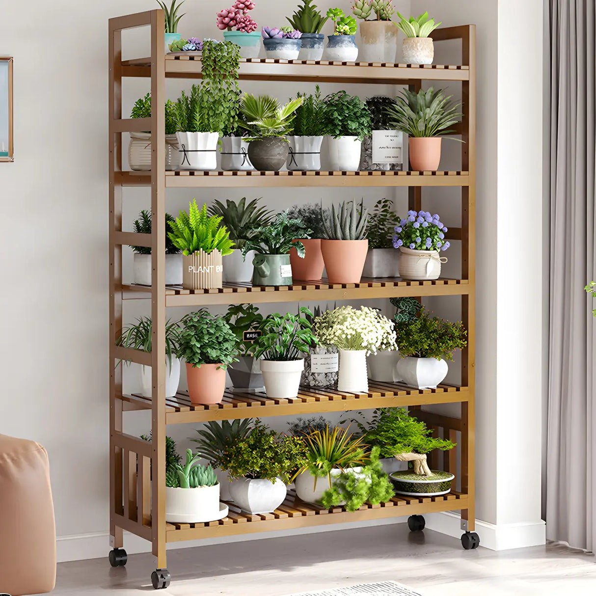 Modern Wood Brown Multi-Tier Plant Stand with Casters Image - 27