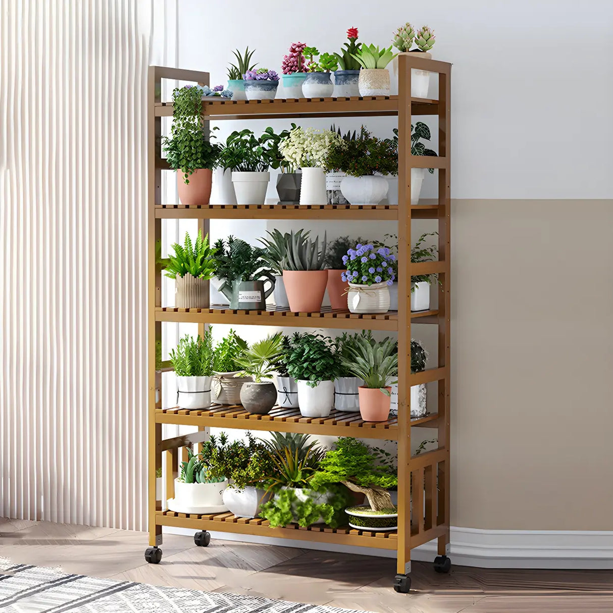 Modern Wood Brown Multi-Tier Plant Stand with Casters Image - 28