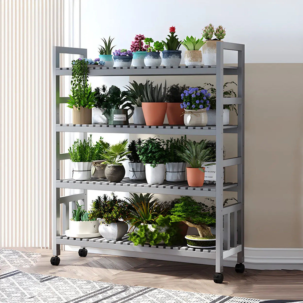 Modern Wood Brown Multi-Tier Plant Stand with Casters Image - 29