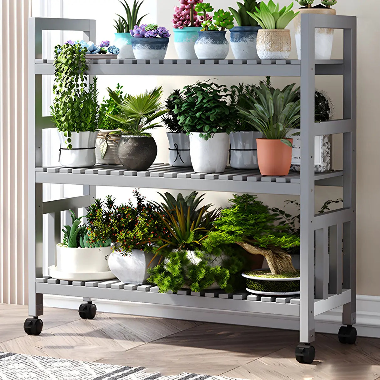 Modern Wood Brown Multi-Tier Plant Stand with Casters Image - 2